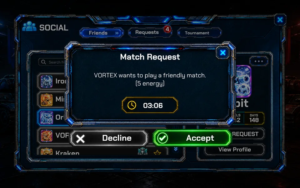 A friend’s match request with Accept and Decline buttons.