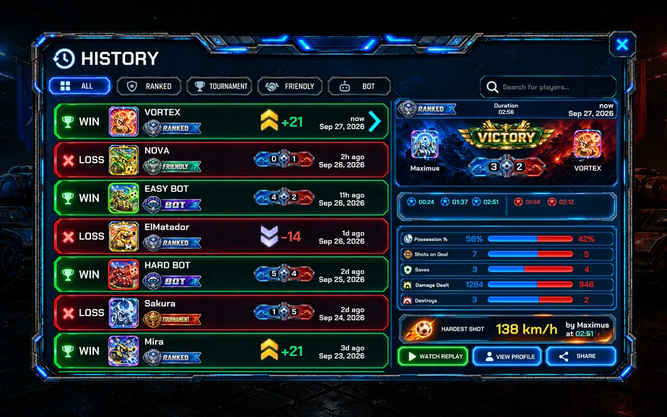 Match history with wins and losses, match stats and a Watch Replay button.
